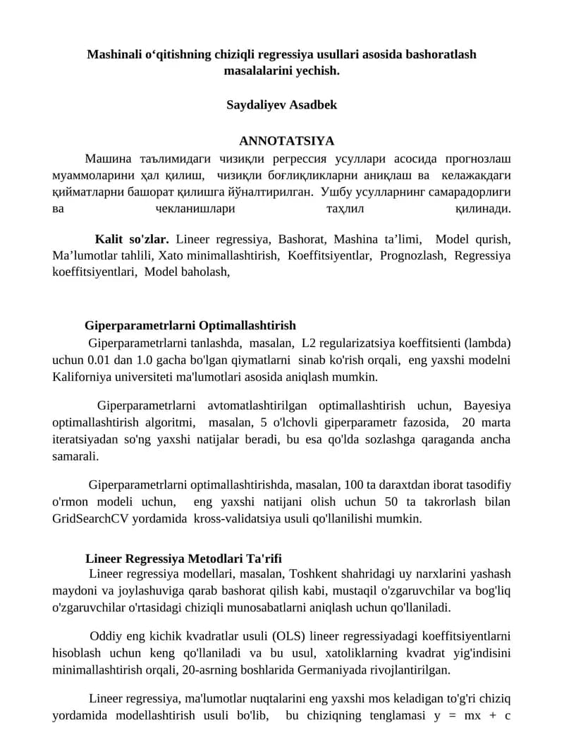 Mashinali o‘qitishning chiziqli regressiya usullari