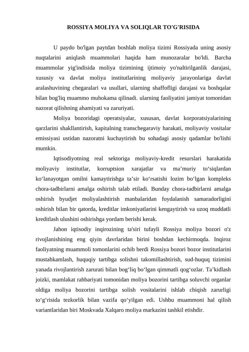 ROSSIYA MOLIYA VA SOLIQLAR TO'G'RISIDA