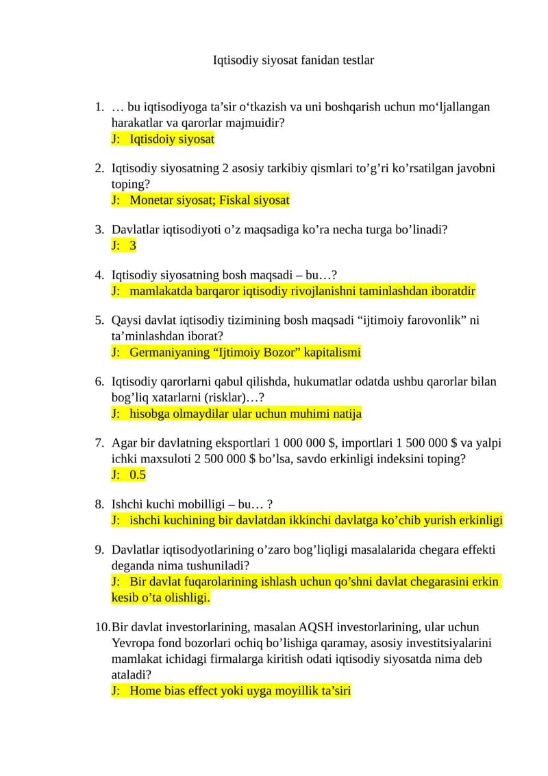Iqtisodiy siyosat fanidan testlar
