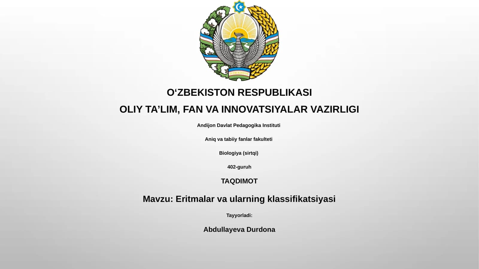 Eritmalar va ularning klassifikatsiyasi