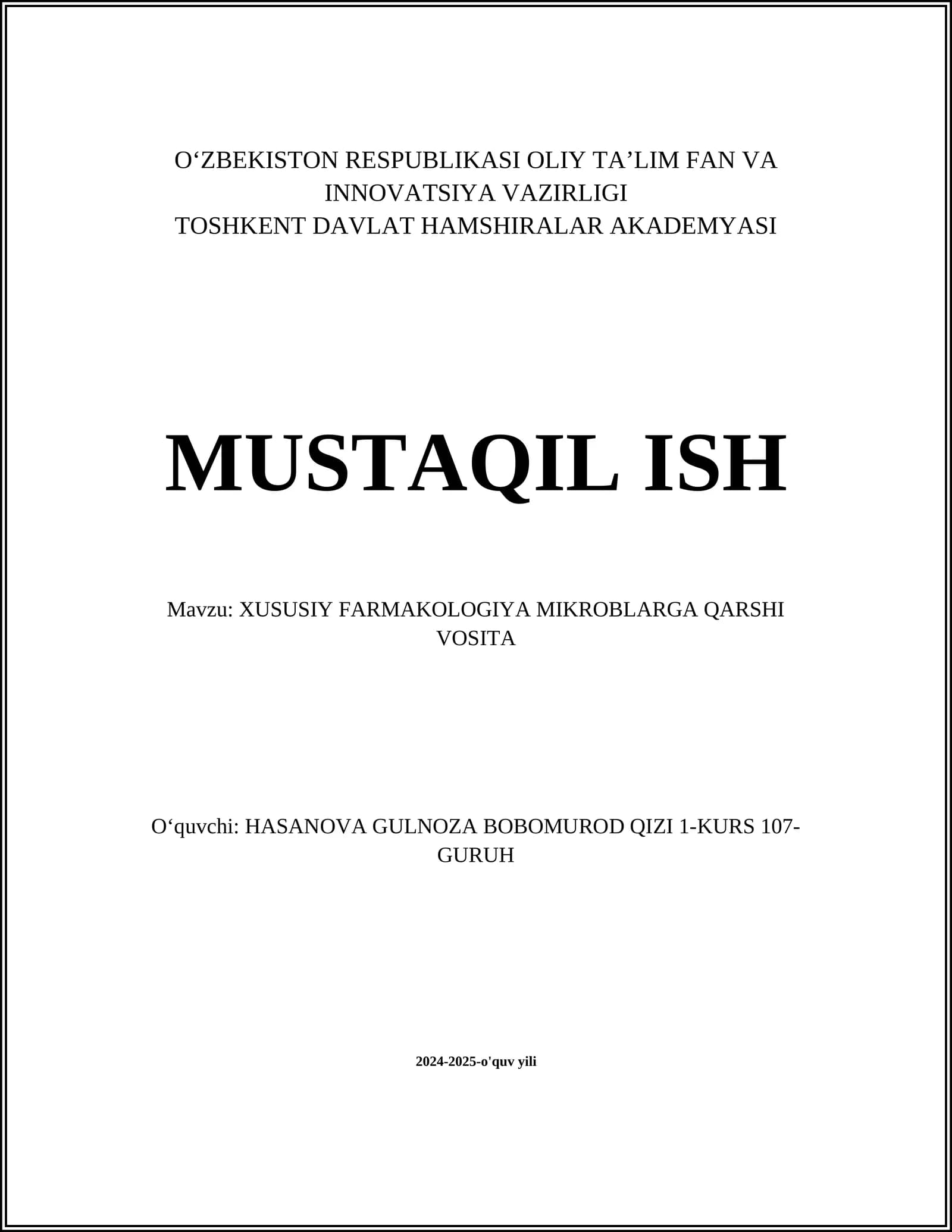 XUSUSIY FARMAKOLOGIYA MIKROBLARGA QARSHI VOSITA