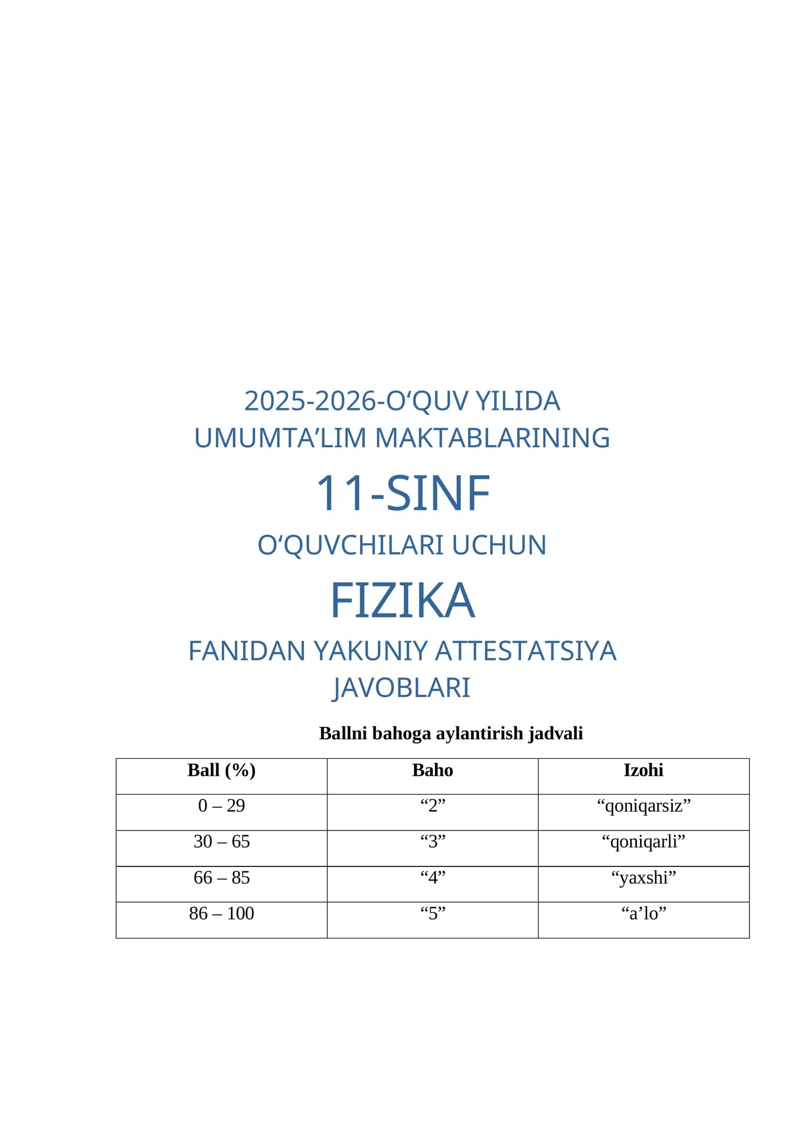 FIZIKA FANIDAN YAKUNIY ATTESTATSIYA JAVOBLARI