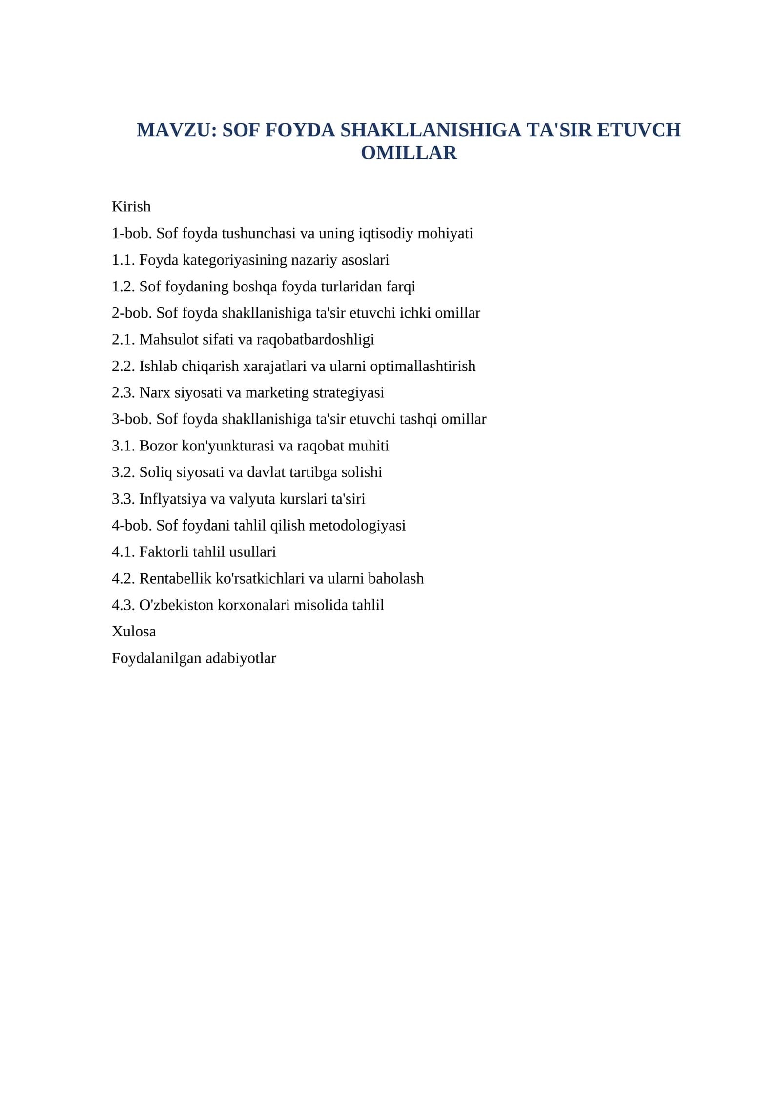Sof foyda shakllanishiga ta'sir etuvch omillar