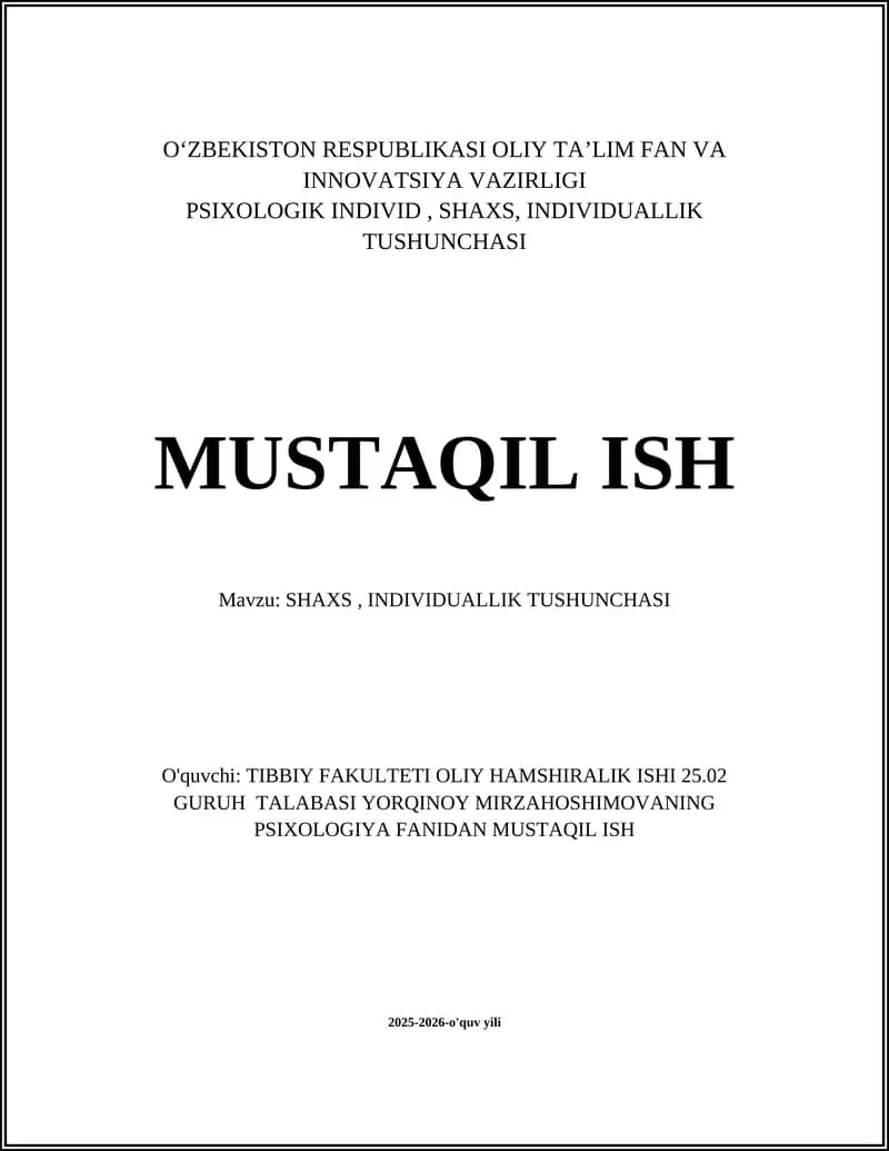SHAXS, INDIVIDUALLIK TUSHUNCHASI