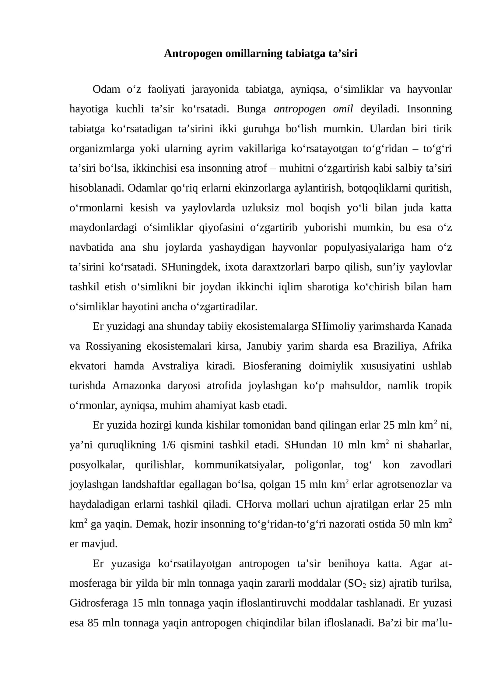 Antropogen omillarning tabiatga ta’siri