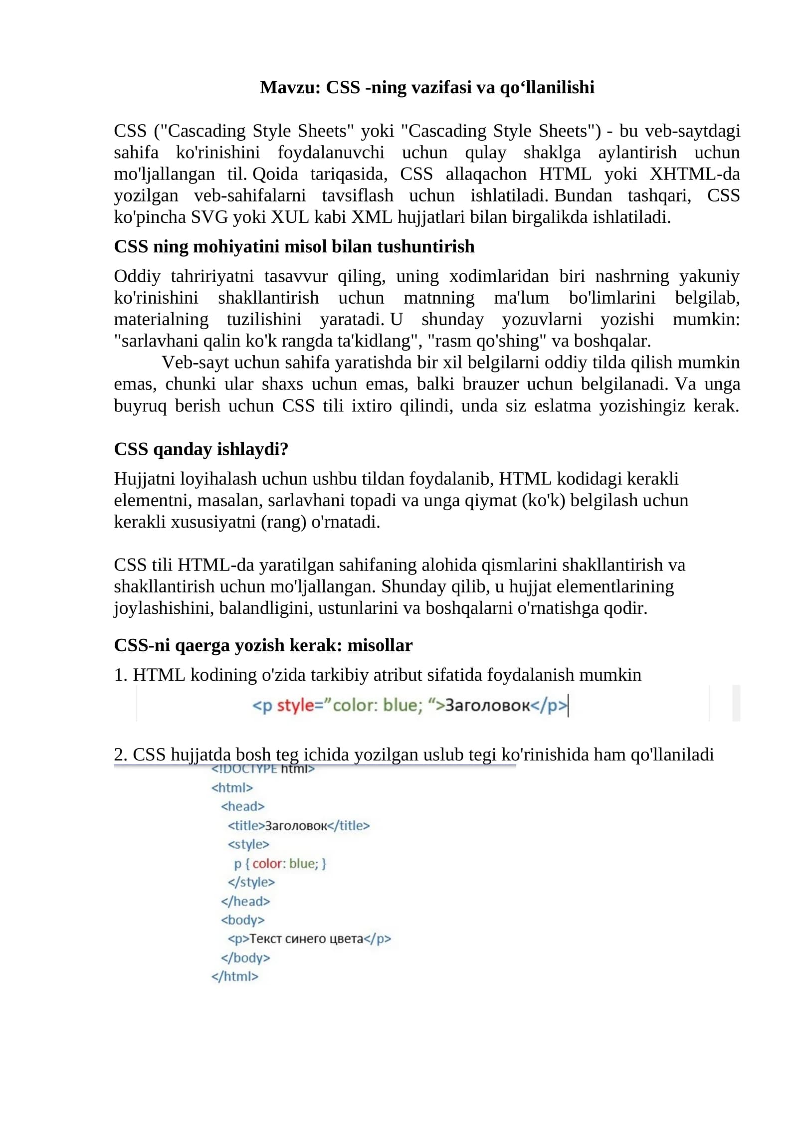CSS -ning vazifasi va qo‘llanilishi