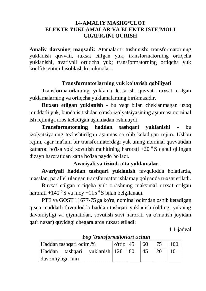 ELEKTR YUKLAMALAR VA ELEKTR ISTEʻMOLI GRAFIGINI QURISH