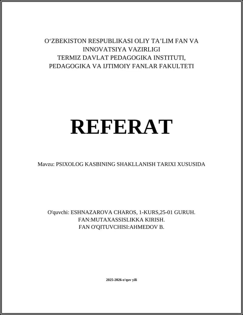 PSIXOLOG KASBINING SHAKLLANISH TARIXI XUSUSIDA