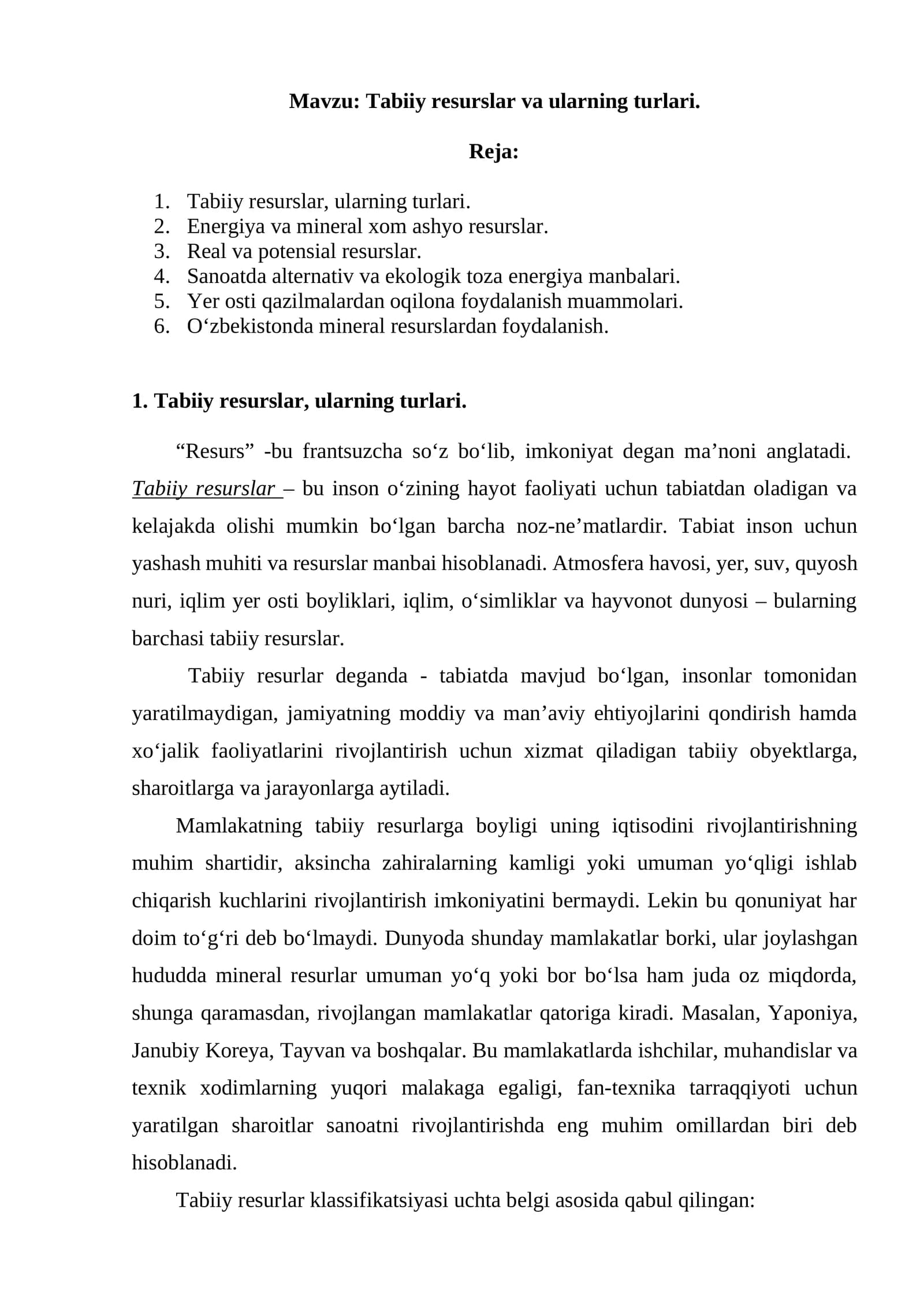 Tabiiy resurslar va ularning turlari