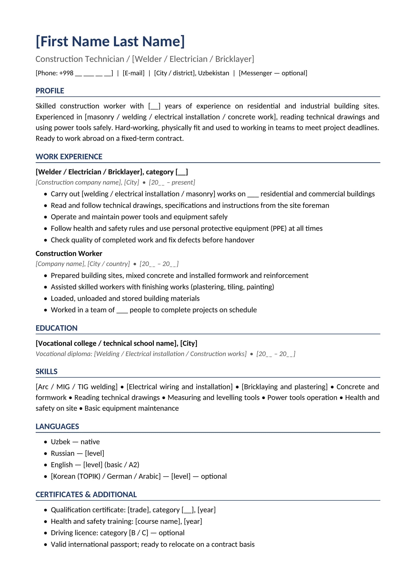 CV 10 English Construction worker technician for work abroad