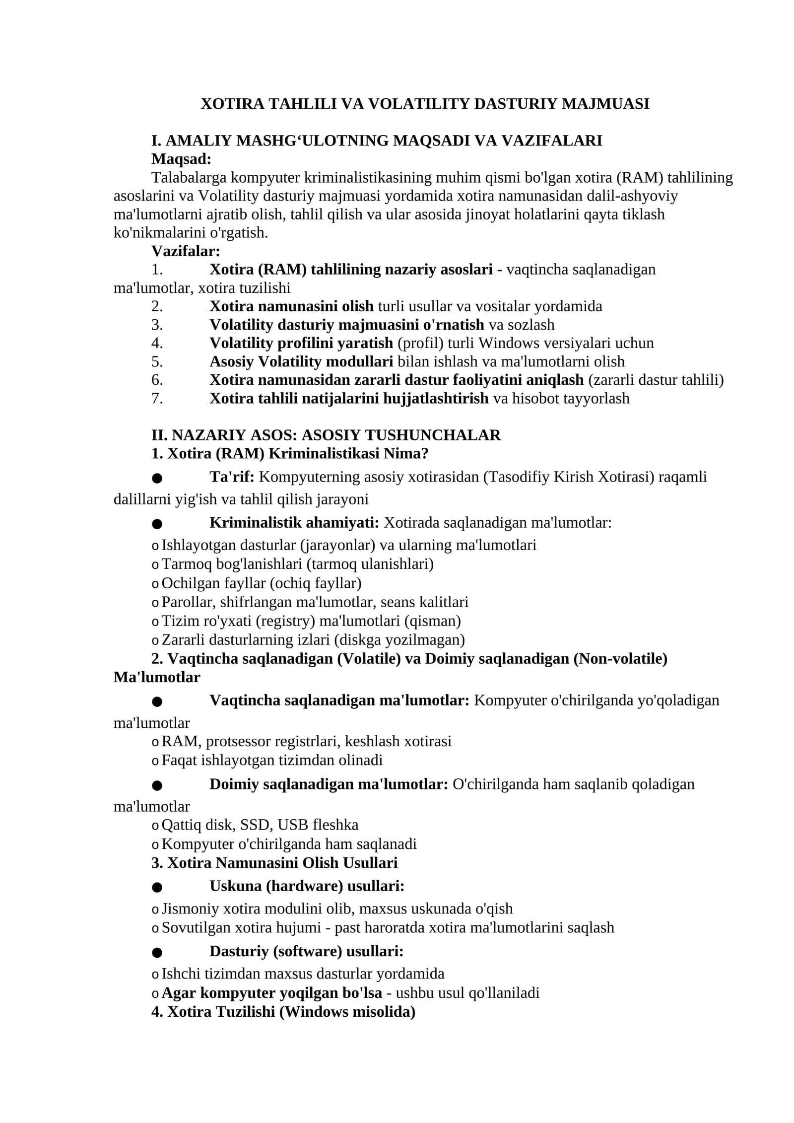 XOTIRA TAHLILI VA VOLATILITY DASTURIY MAJMUASI