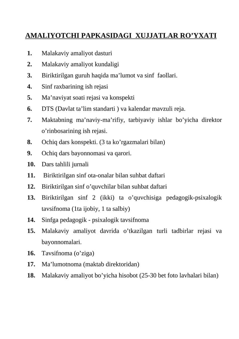 AMALIYOTCHI PAPKASIDAGI XUJJATLAR RO’YXATI