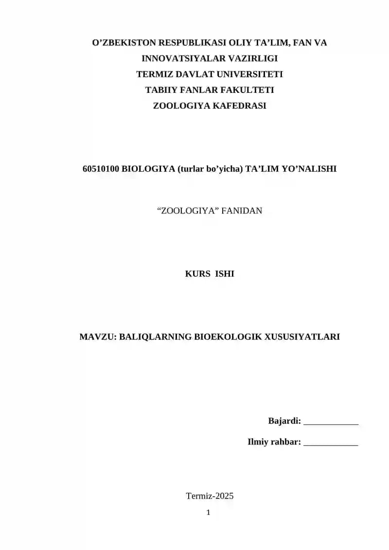 BALIQLARNING BIOEKOLOGIK XUSUSIYATLARI