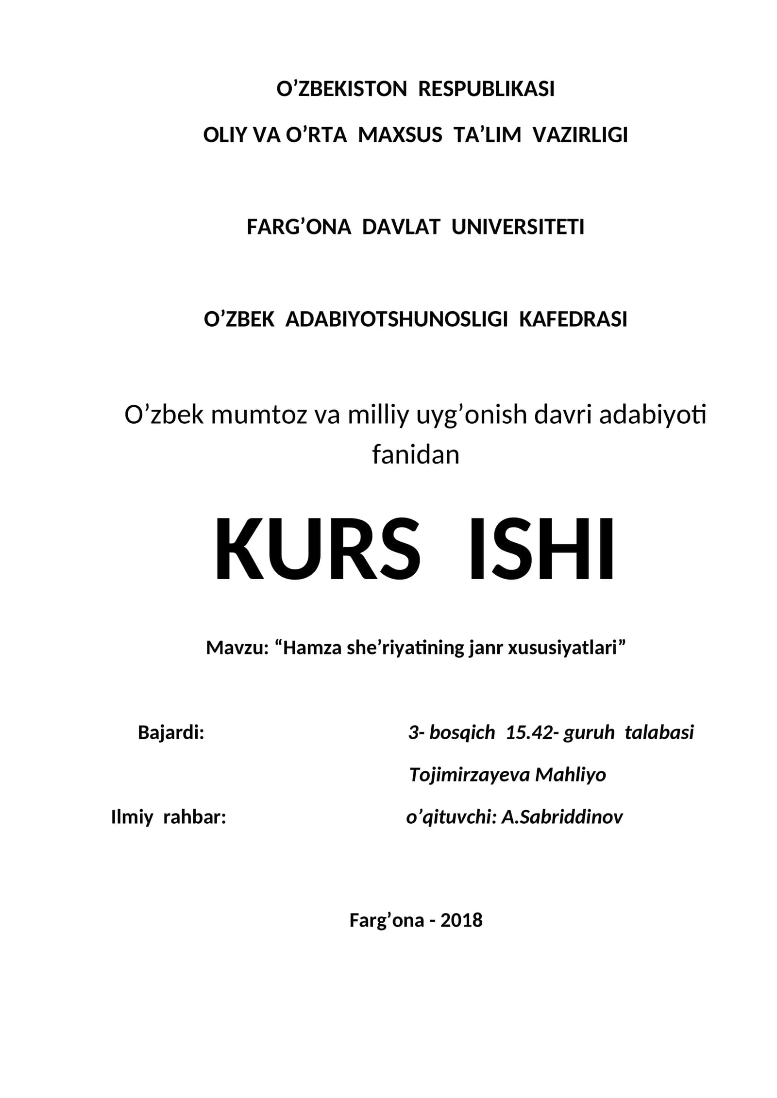 Hamza she’riyatining janr xususiyatlari