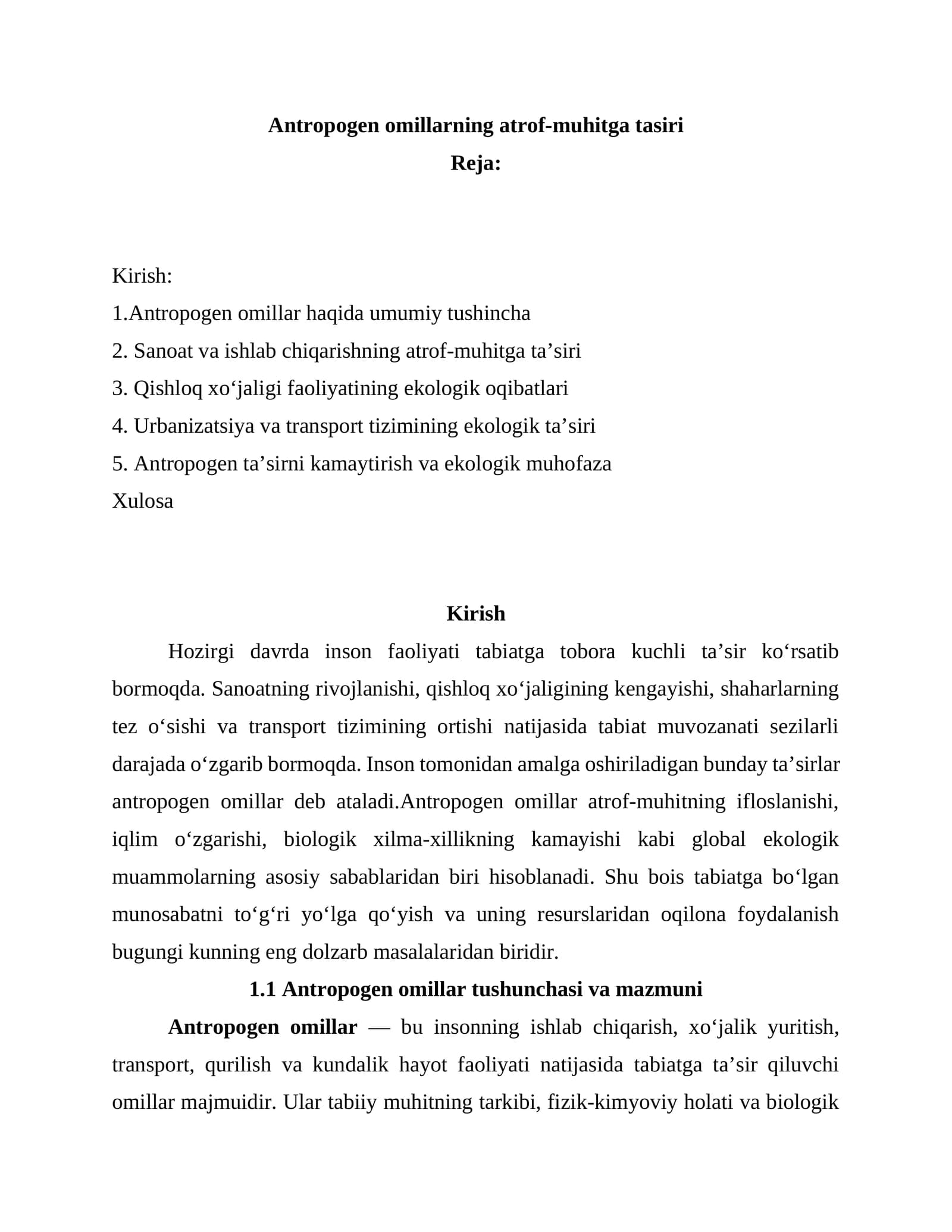 Antropogen omillarning atrof-muhitga tasiri