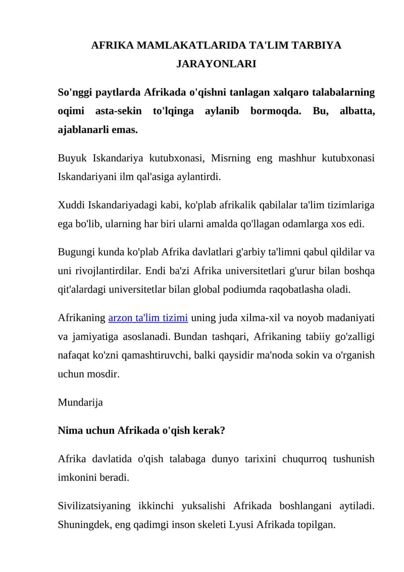Afrika Mamlakatlarda Ta'lim Tarbiya Jarayonlari