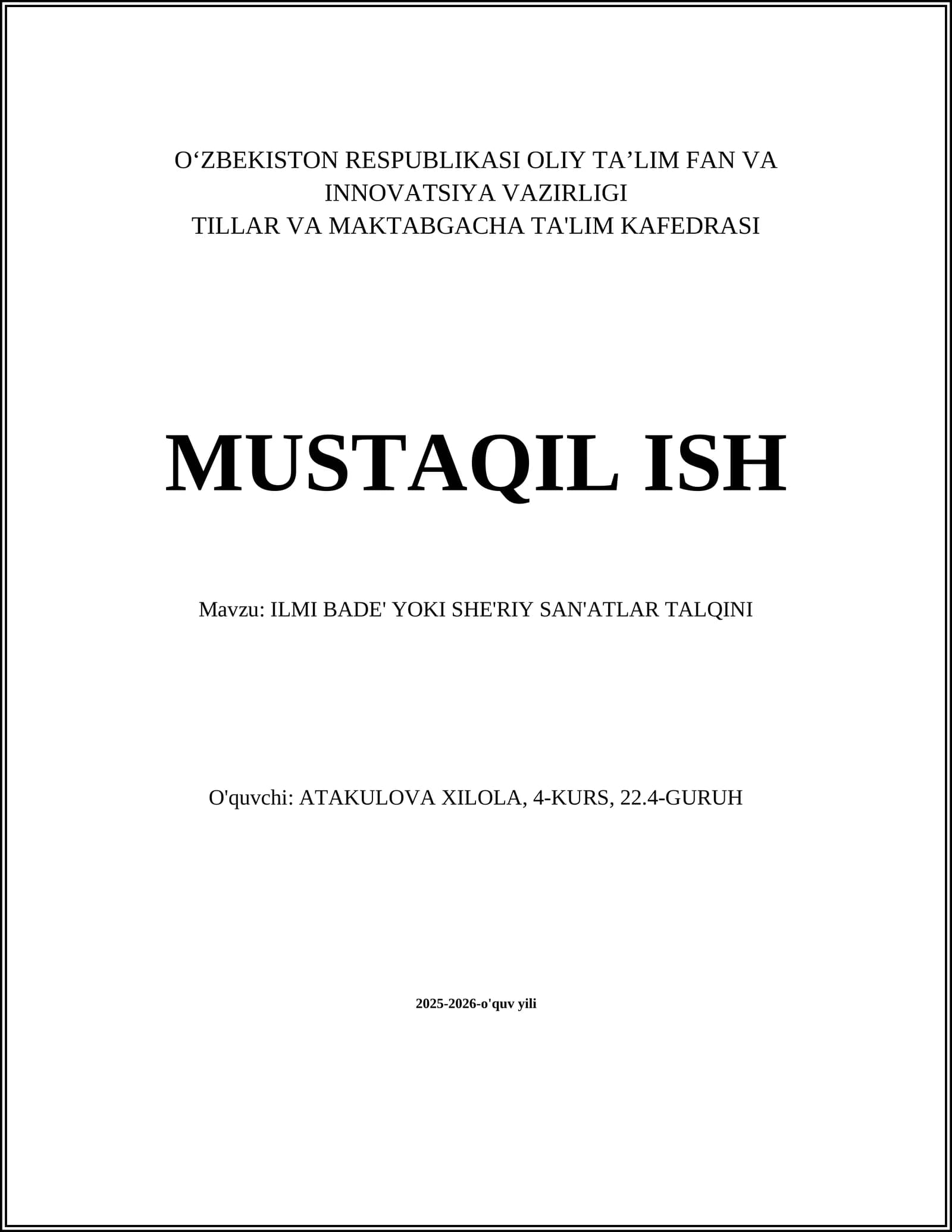 ILMI BADE' YOKI SHE'RIY SAN'ATLAR TALQINI