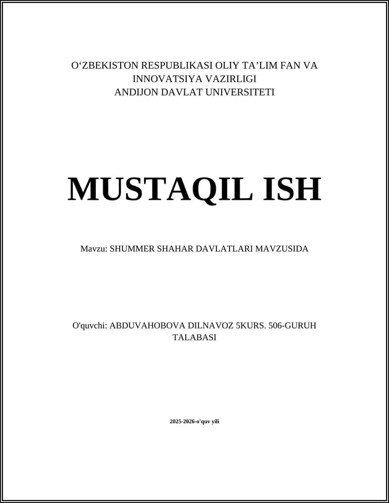 SHUMMER SHAHAR DAVLATLARI MAVZUSIDA