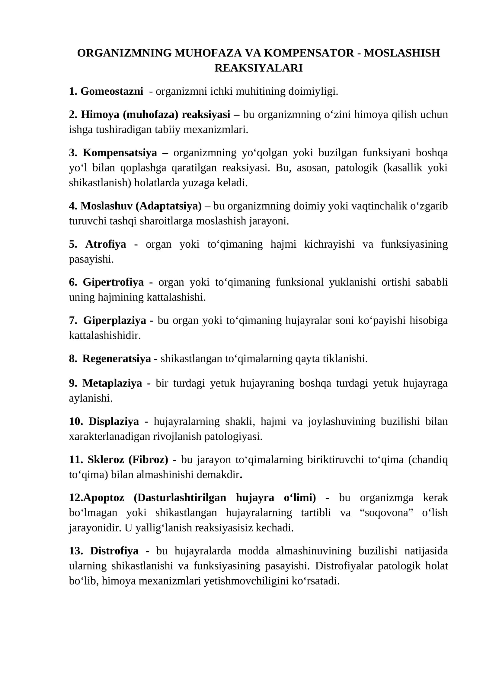 ORGANIZMNING MUHOFAZA VA KOMPENSATOR - MOSLASHISH REAKSIYALARI