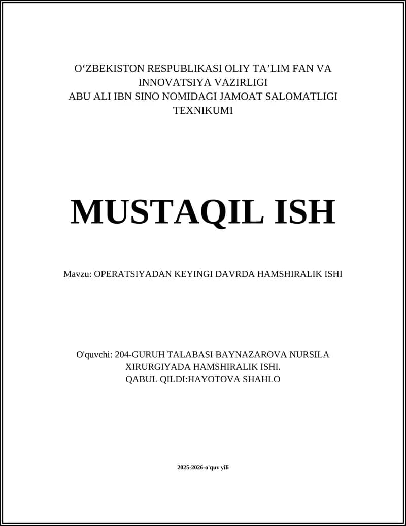 OPERATSIYADAN KEYINGI DAVRDA HAMSHIRALIK ISHI