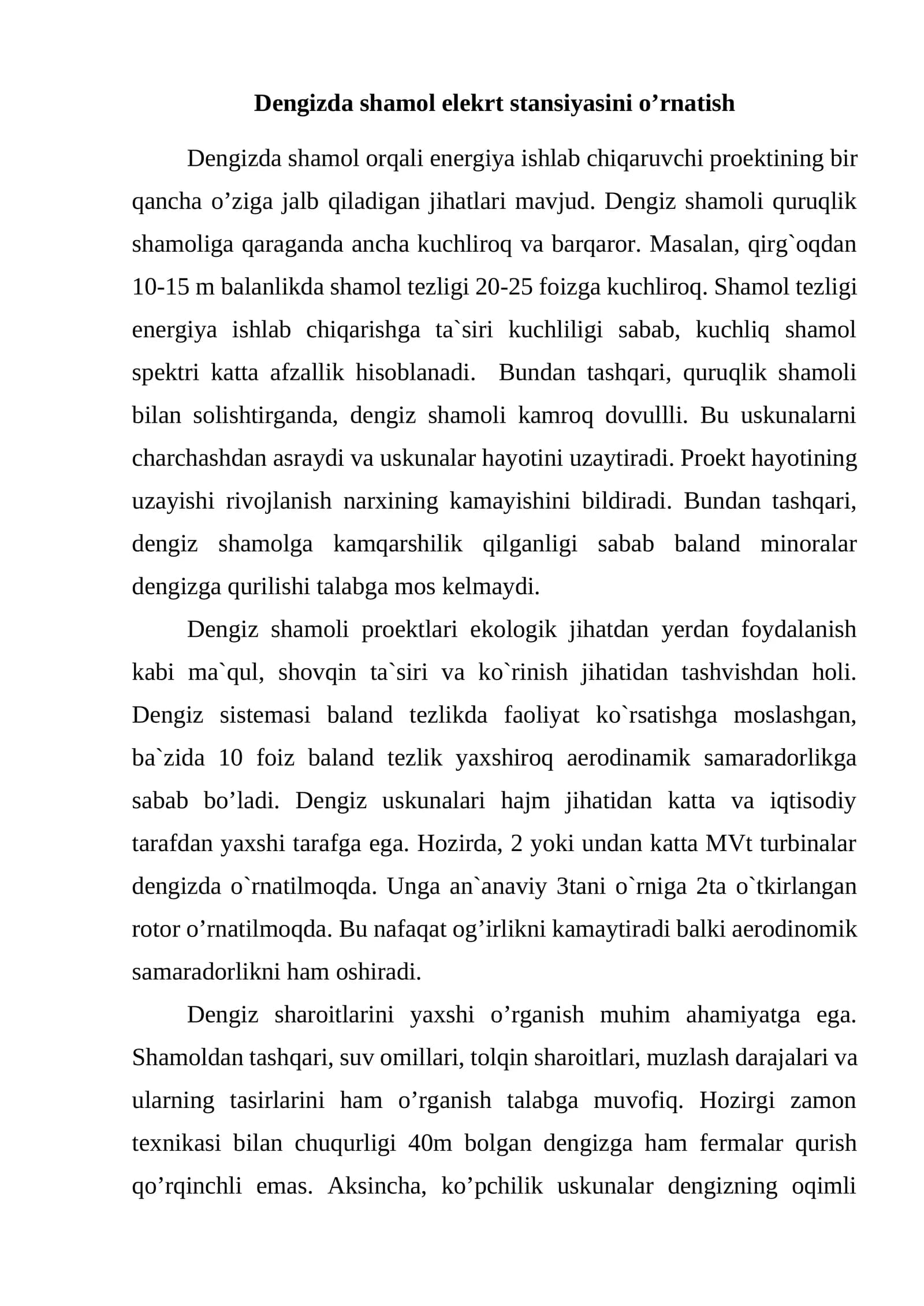 Dengizda shamol elekrt stansiyasini o’rnatish