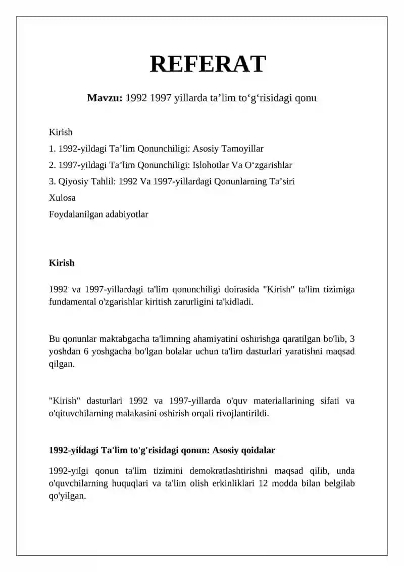 1992 1997 yillarda ta'lim to'g'risidagi qonu
