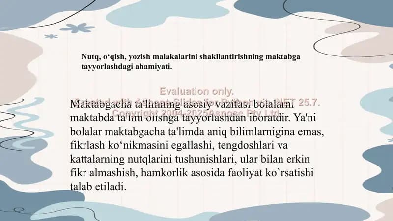 Maktabgacha ta'limning asosiy vazifasi