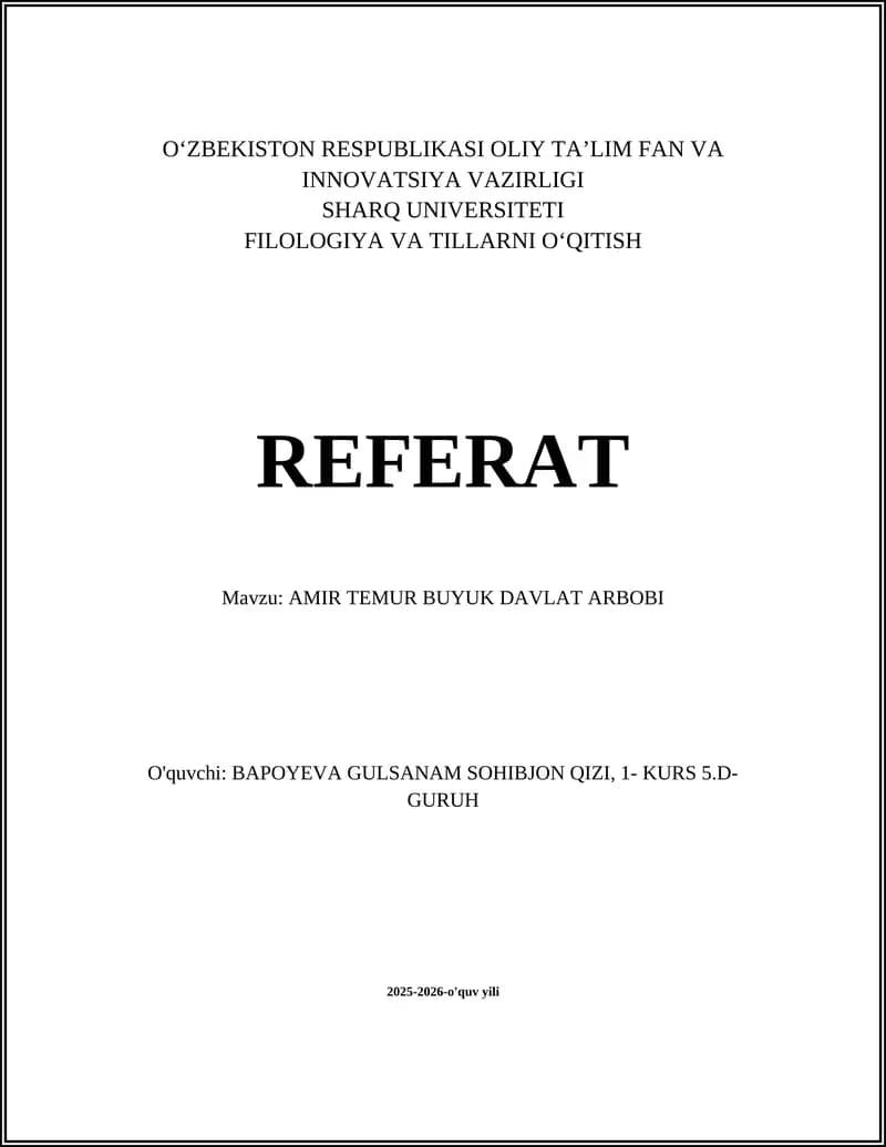 AMIR TEMUR BUYUK DAVLAT ARBOBI