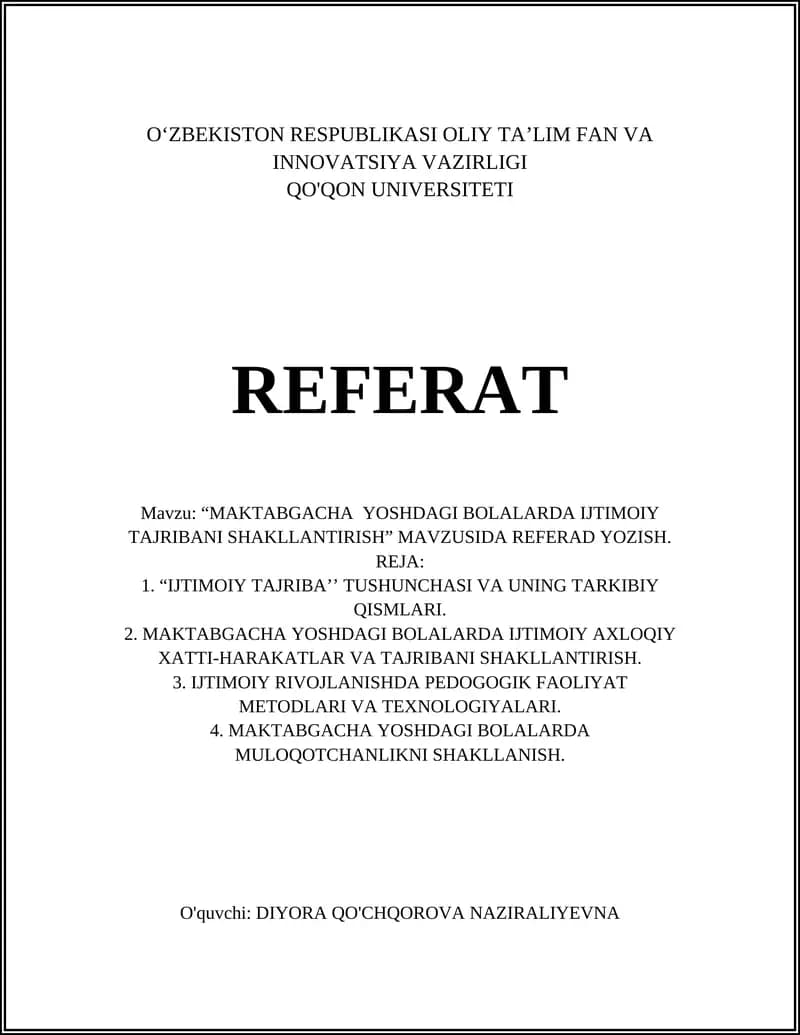 Ijtimoiy Tajriba Shakllantirish Referat