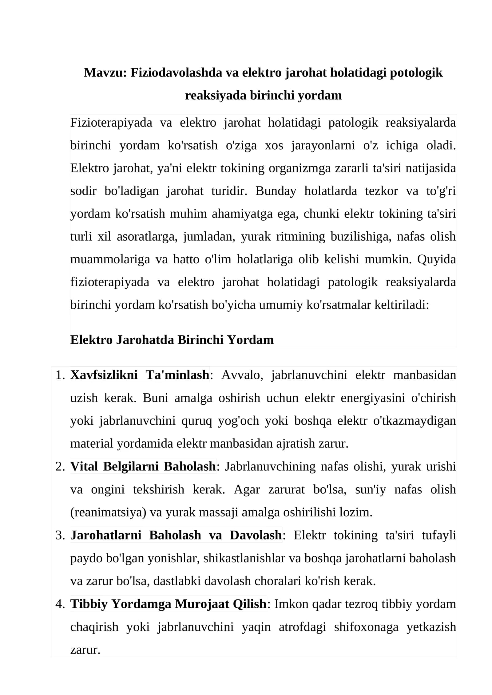 Elektro jarohatda birinchi yordam