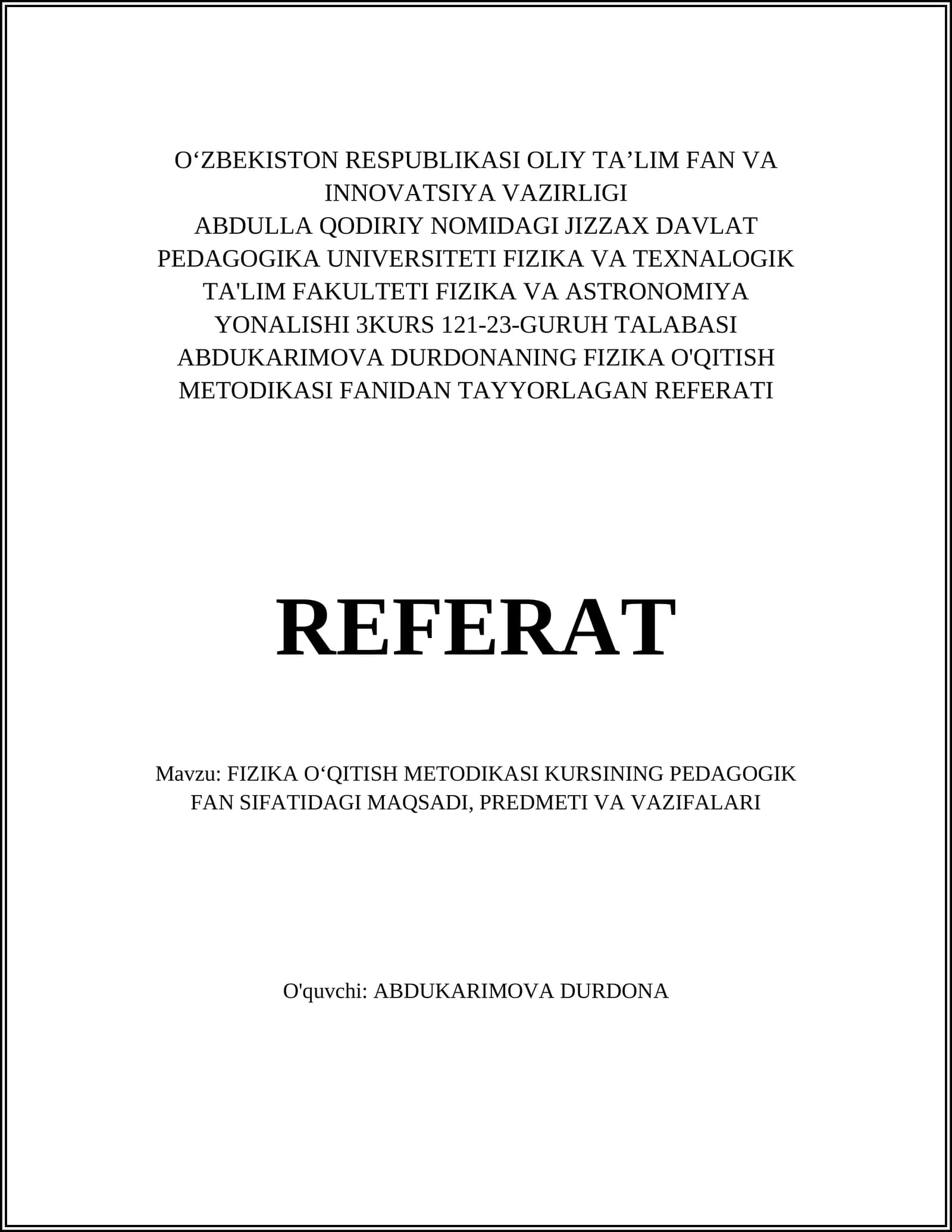 FIZIKA O'QITISH METODIKASI KURSI
