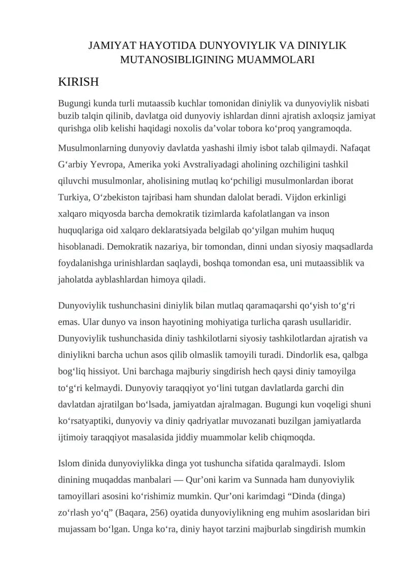 DINIYLIK VA DUNYOVIYLIK