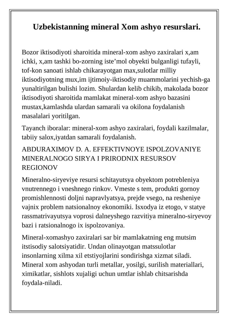 Mineral-xom ashyo resurslari