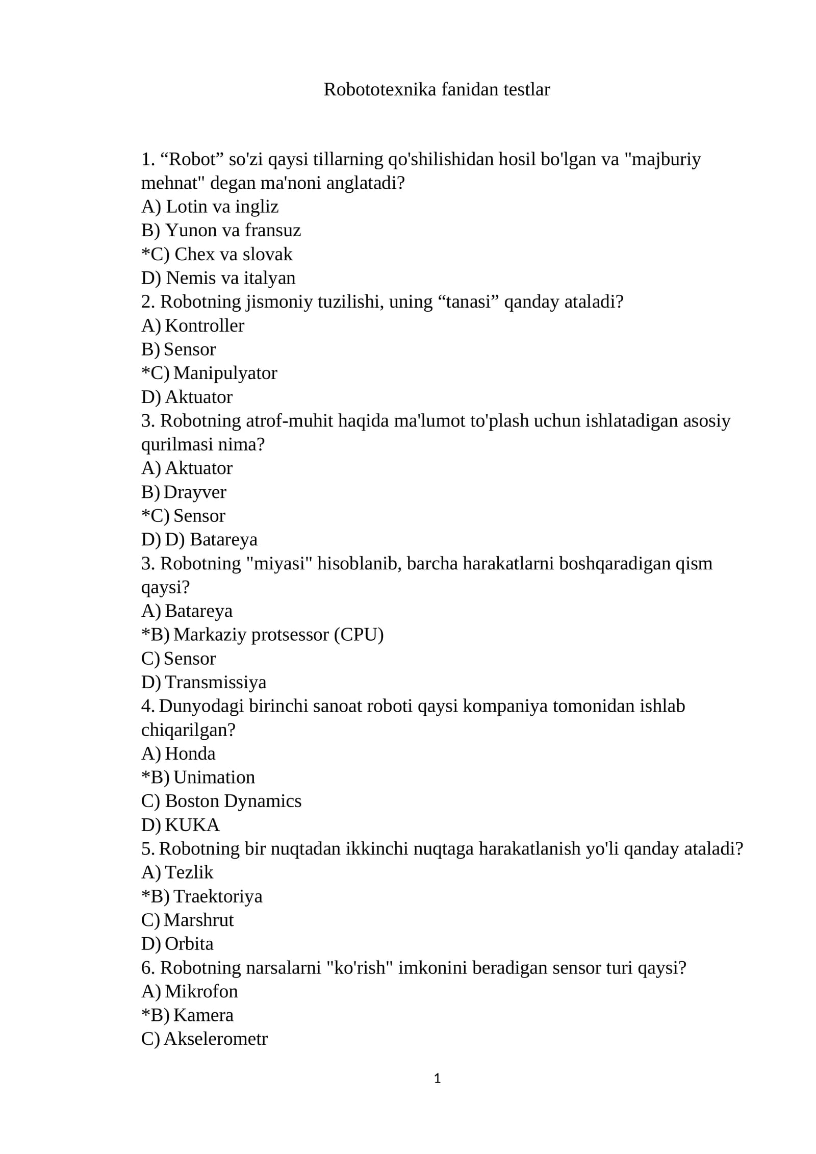Robototexnika fanidan testlar