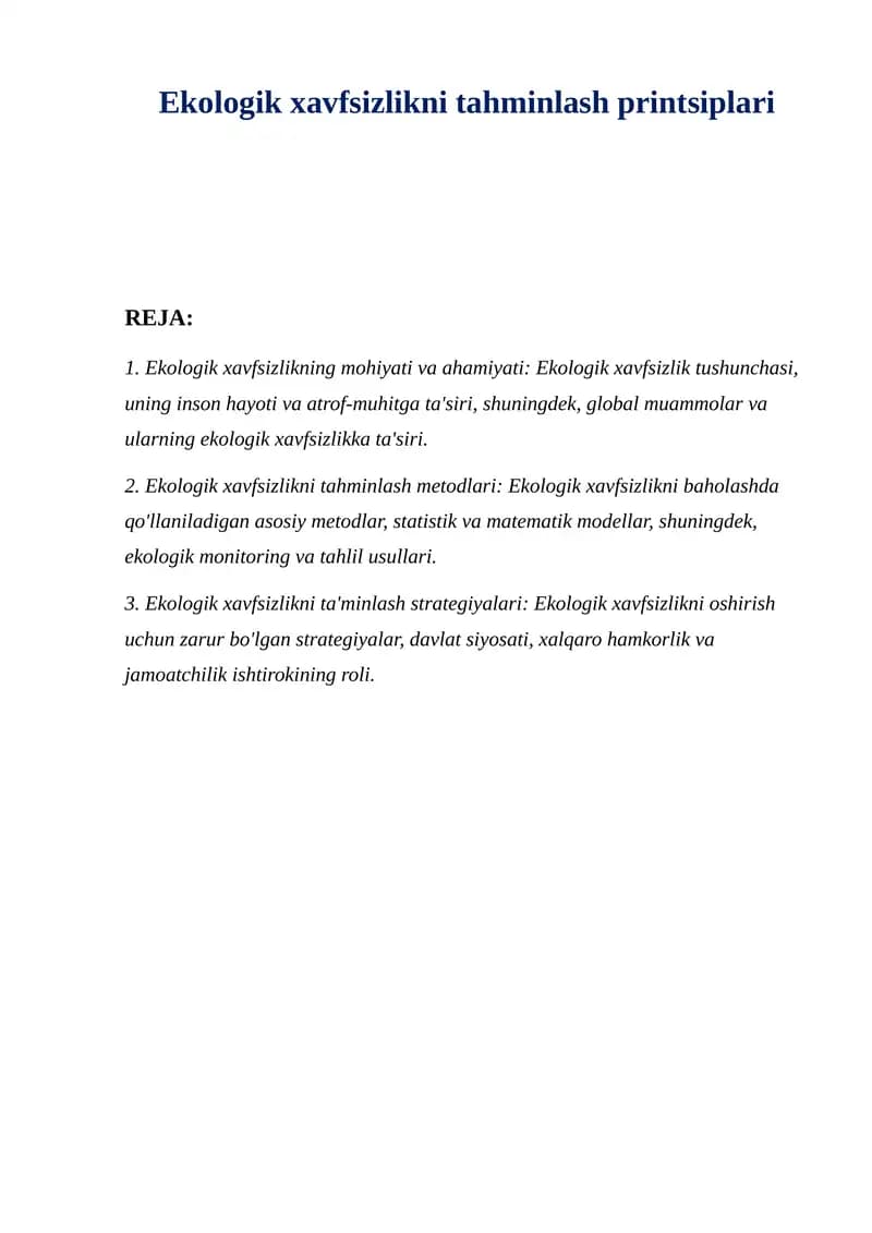 Ekologik xavfsizlikni tahminlash printsiplari