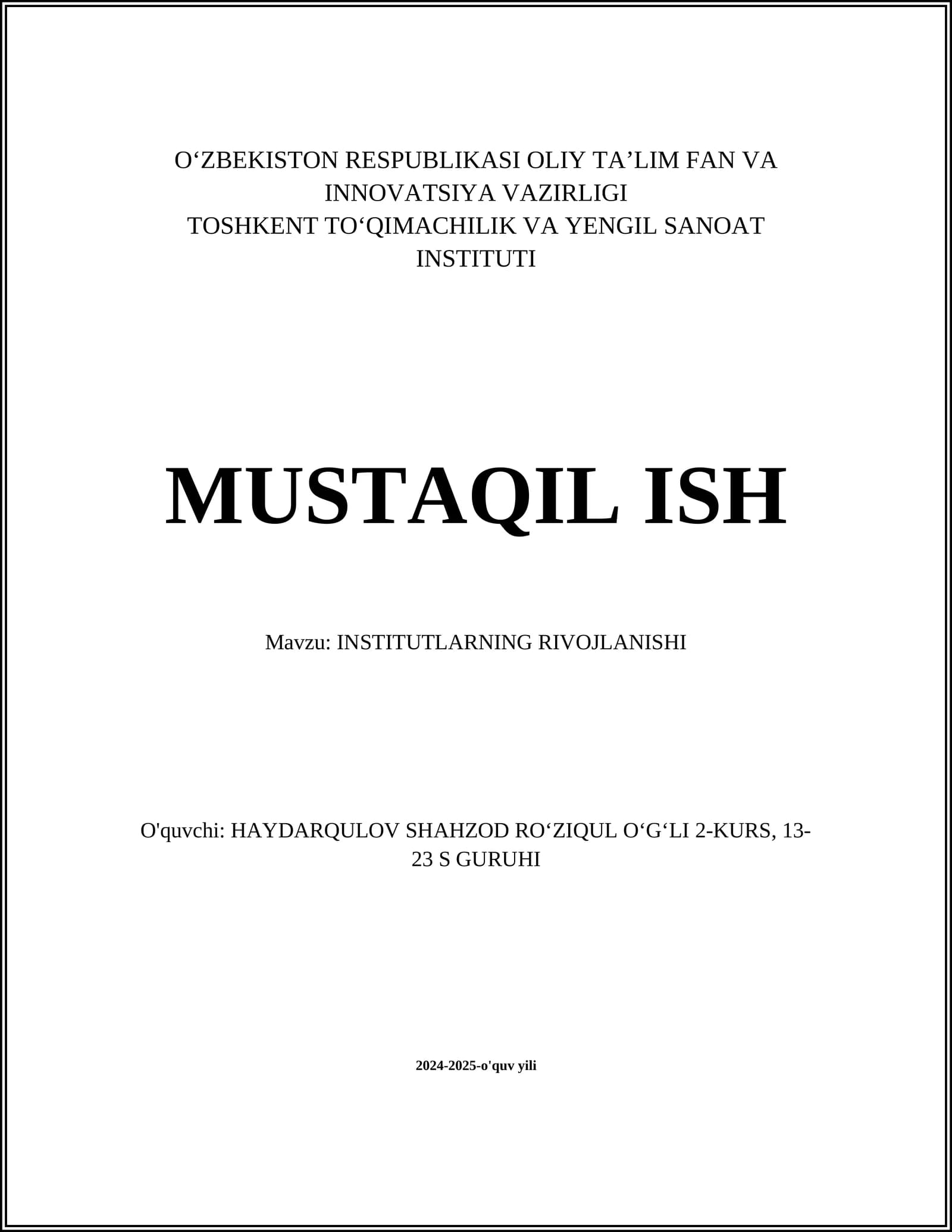 INSTITUTLARNING RIVOJLANISHI