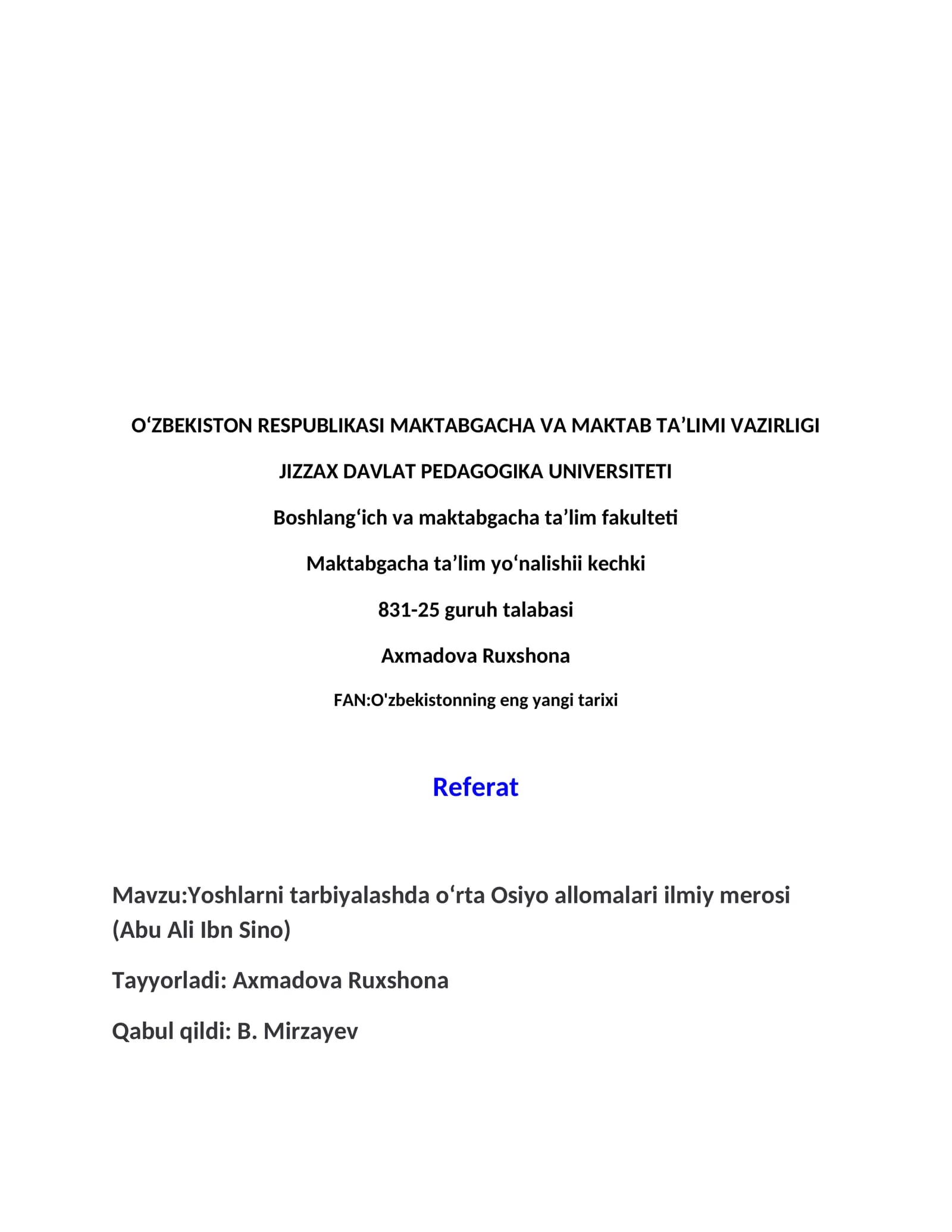 O'zbekistonning eng yangi tarixi Referat