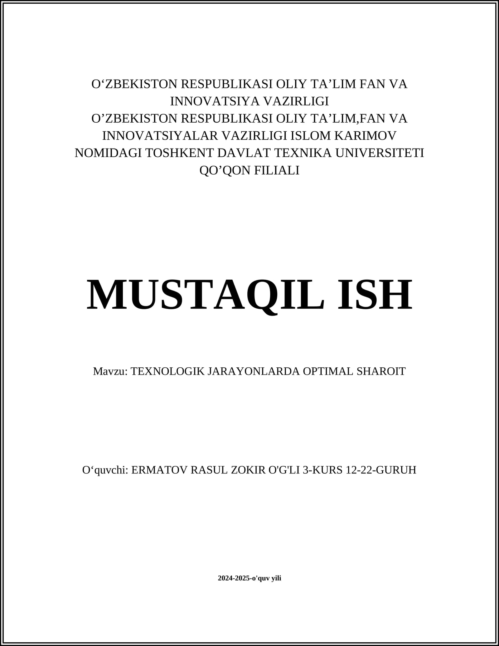 TEXNOLOGIK JARAYONLARDA OPTIMAL SHAROIT