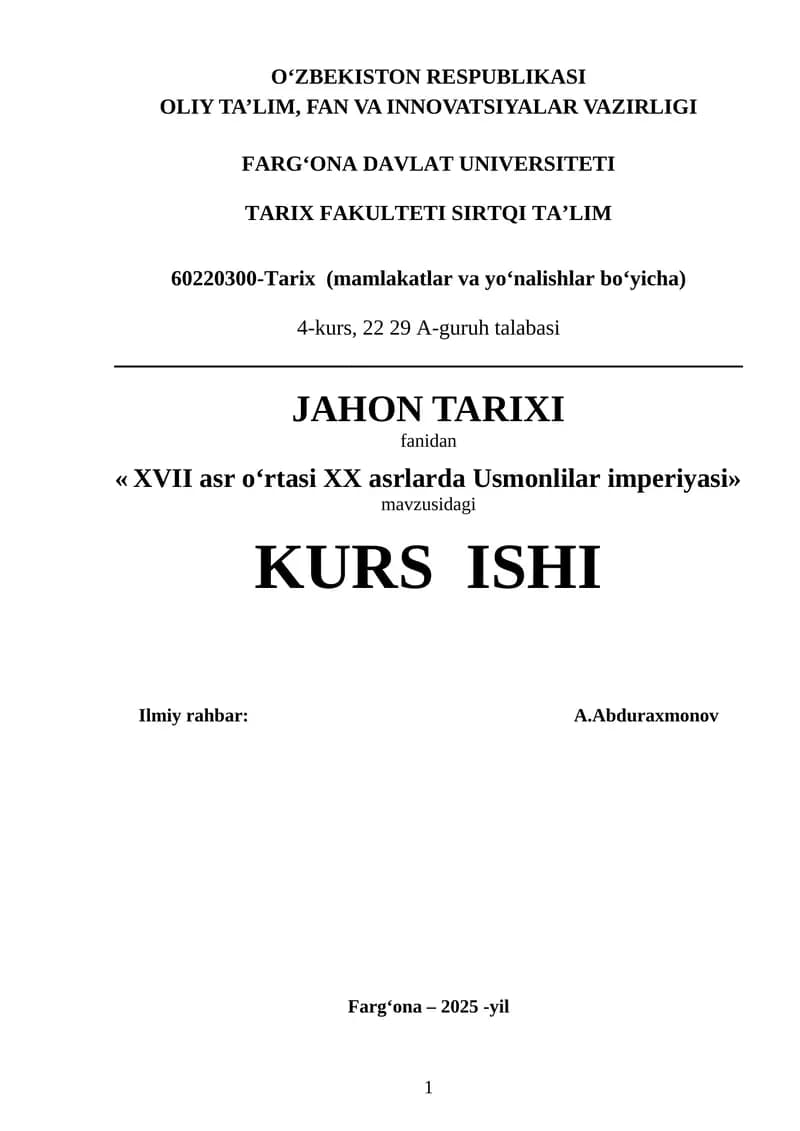 XVII asr oʻrtasi XX asrlarda Usmonlilar imperiyasi