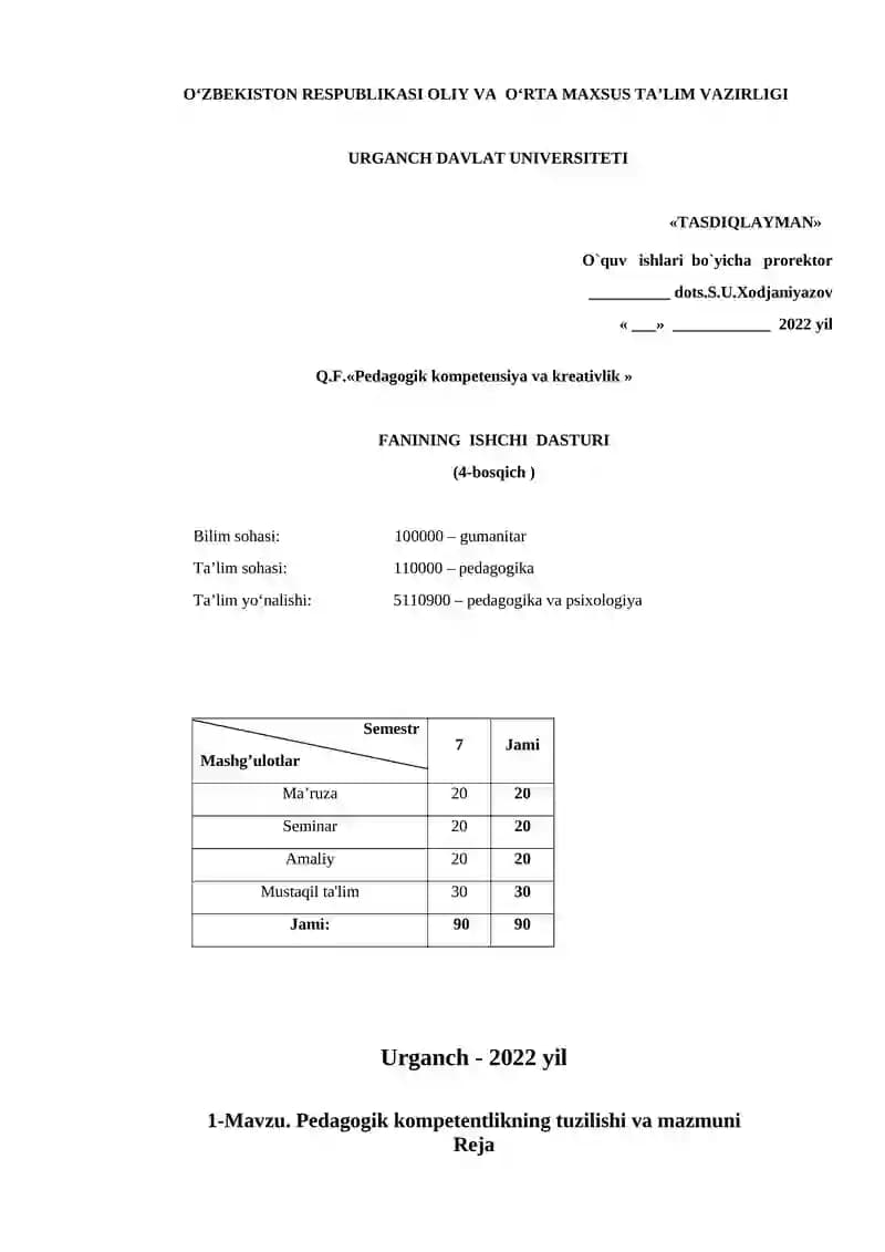 Pedagogik kompetentlikning tuzilishi va mazmuni fanidan ishchi dastur