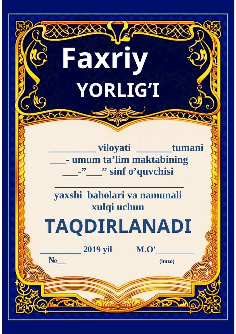 Faxriy YORLIG’I Faxriy yorliq shablon Word