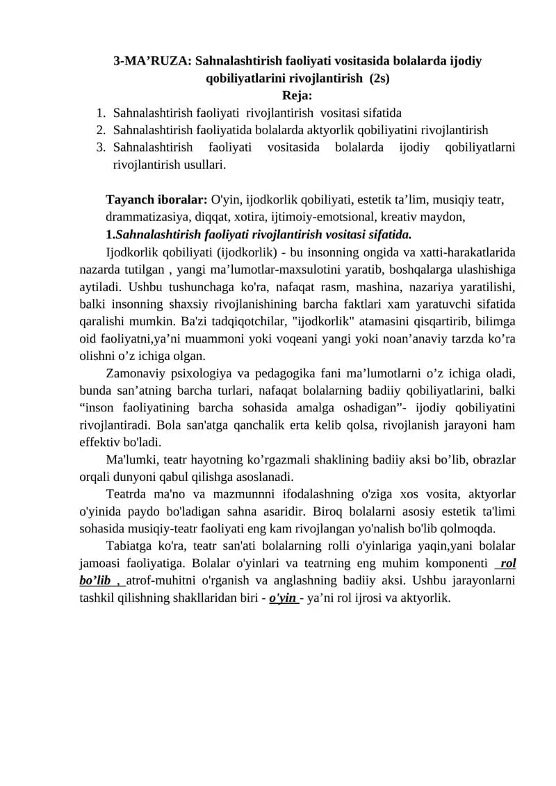 3-MA’RUZA: Sahnalashtirish faoliyati vositasida bolalarda ijodiy qobiliyatlarini rivojlantirish (2s)