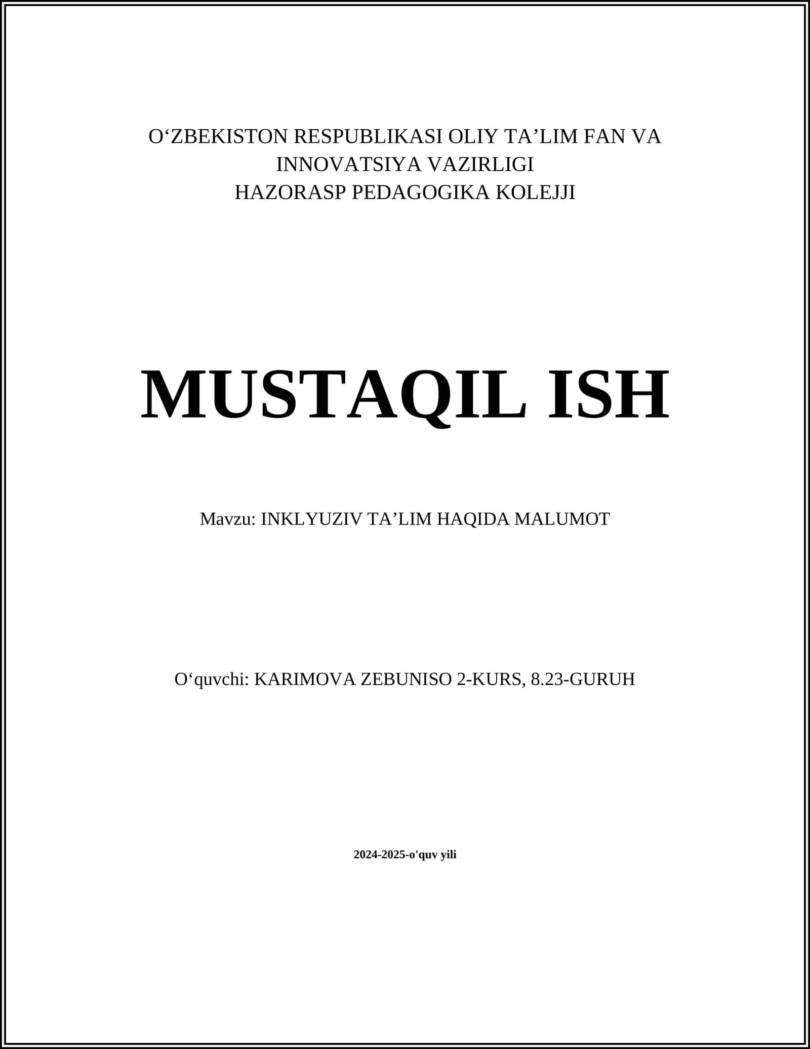 INKLYUZIV TAʼLIM HAQIDA MALUMOT