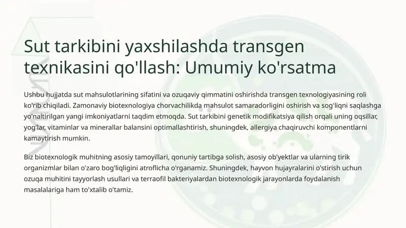 Sut tarkibini yaxshilashda transgen texnikasini qo'llash