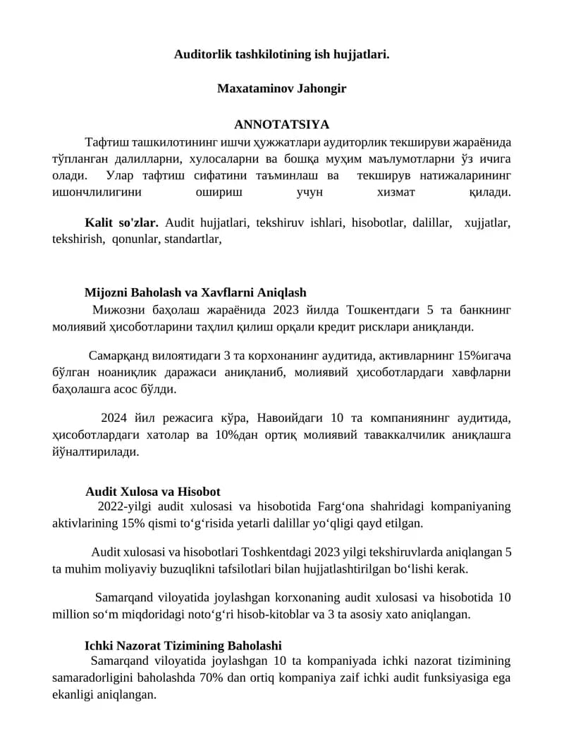 Auditorlik tashkilotining ish hujjatlari