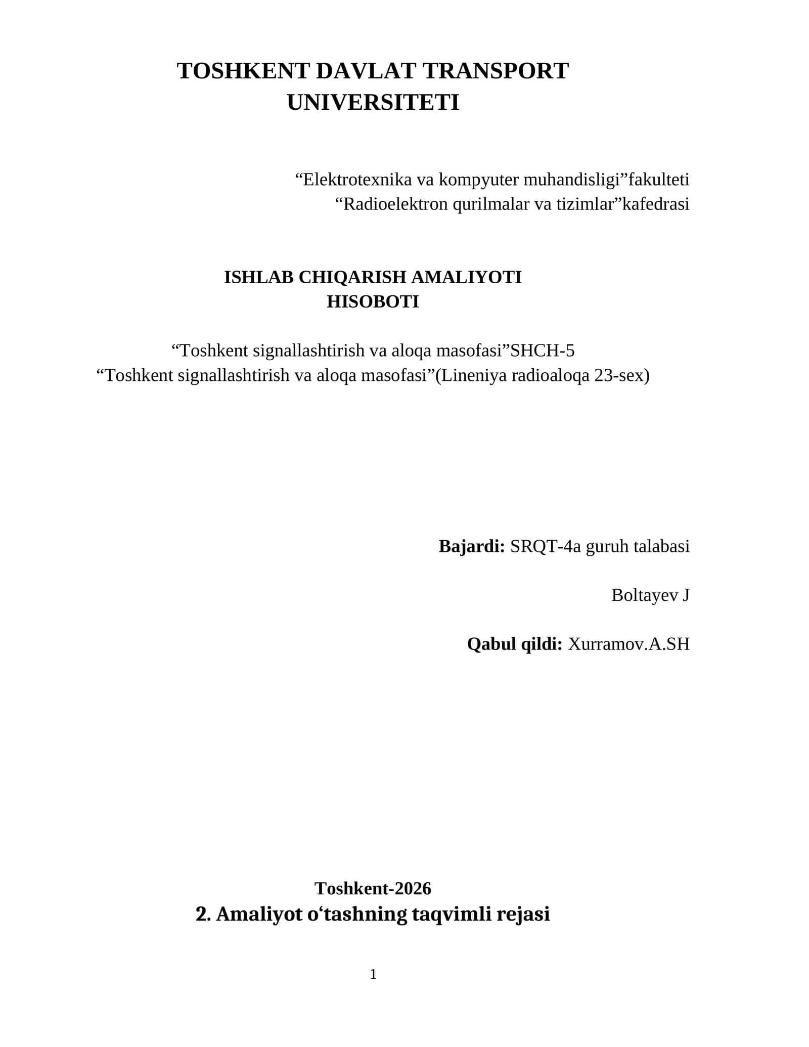 Amaliyot o‘tashning taqvimli rejasi