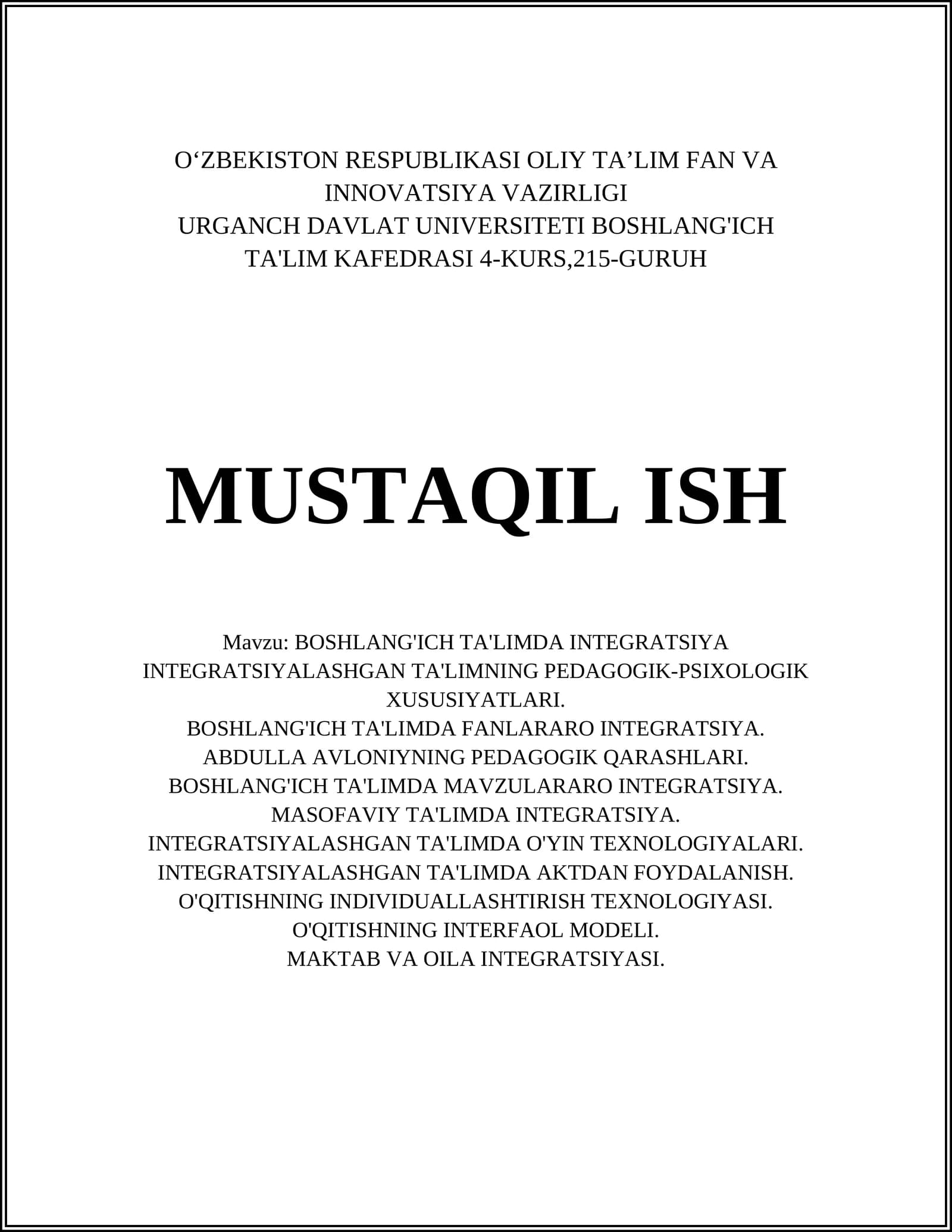 BOSHLANG'ICH TA'LIMDA INTEGRATSIYA
