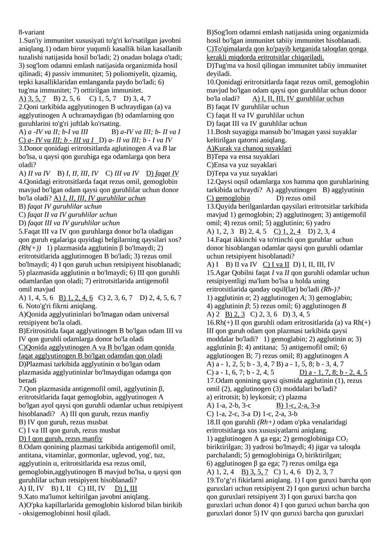 qon mavzusida test Biologiya javobli
