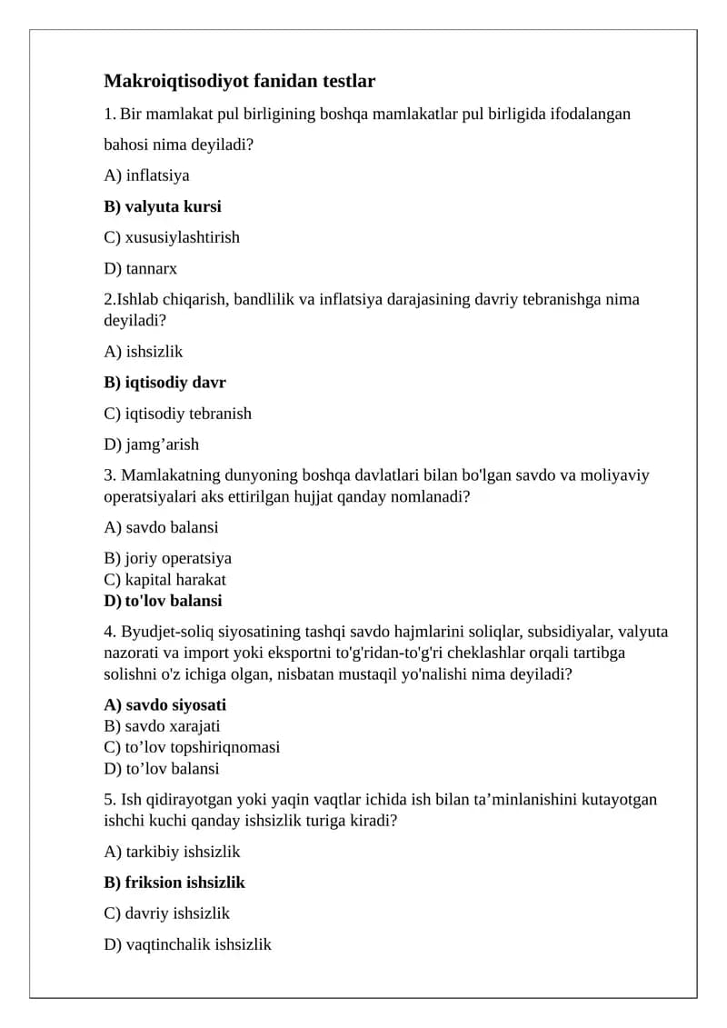 Makroiqtisodiyot fanidan testlar