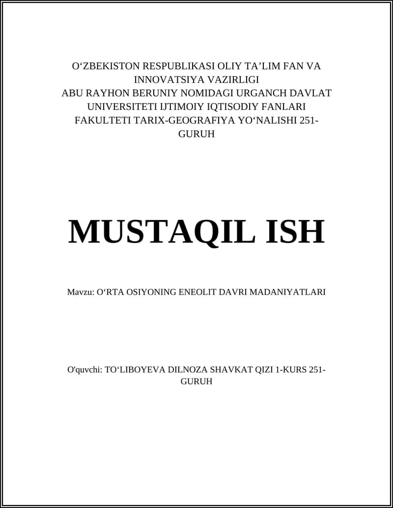OʻRTA OSIYONING ENEOLIT DAVRI MADANIYATLARI